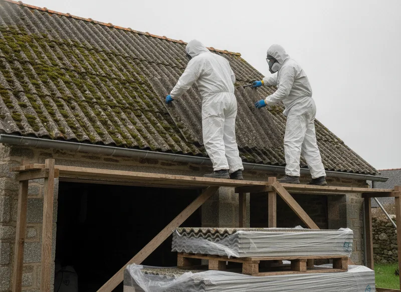 Dépose de plaques de fibrociment amianté sur une toiture de garage à Brest