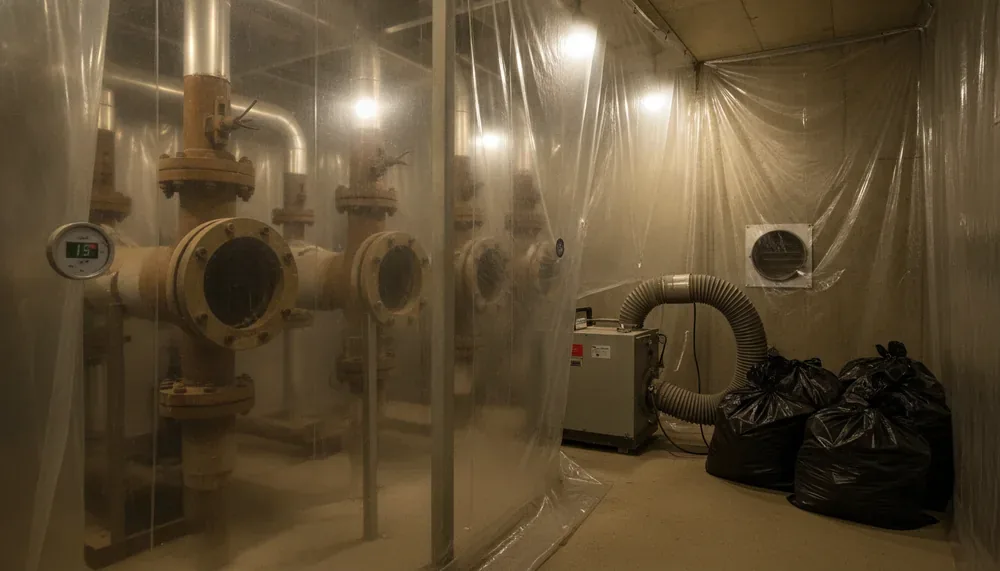 Réseau de vapeur d'un bâtiment technique d'Ergué-Gabéric mis à nu sous confinement après retrait du calorifuge