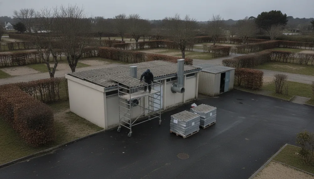 Bloc sanitaire et hangar d'un camping de Fouesnant dont les plaques de fibrociment sont retirées hors saison