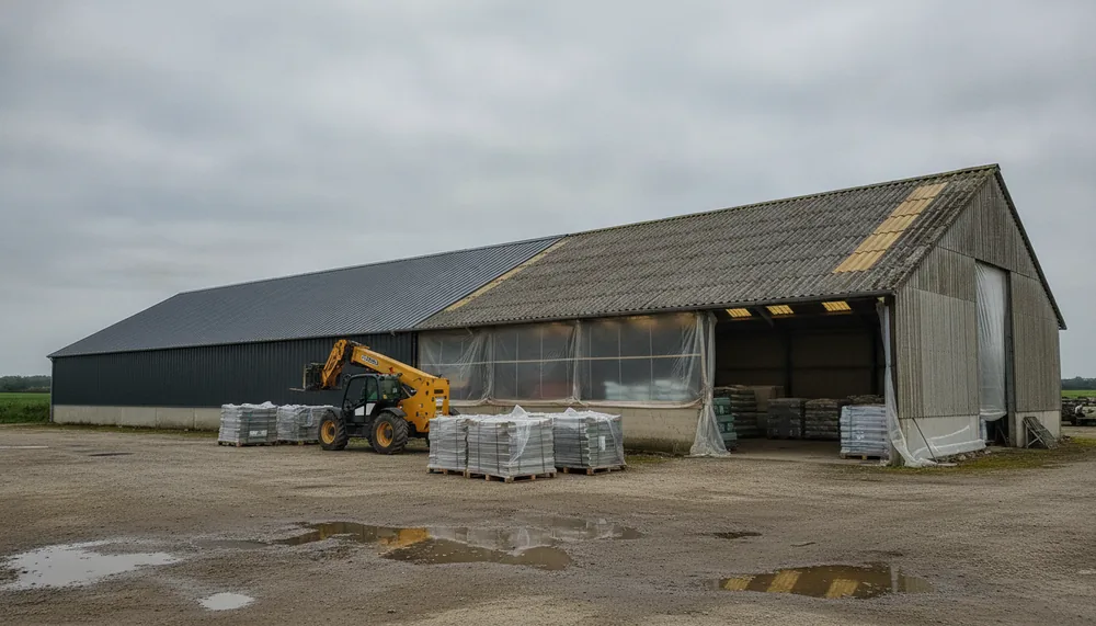 Hangar de stockage de Landivisiau dont la couverture en plaques de fibrociment est remplacée par tranches