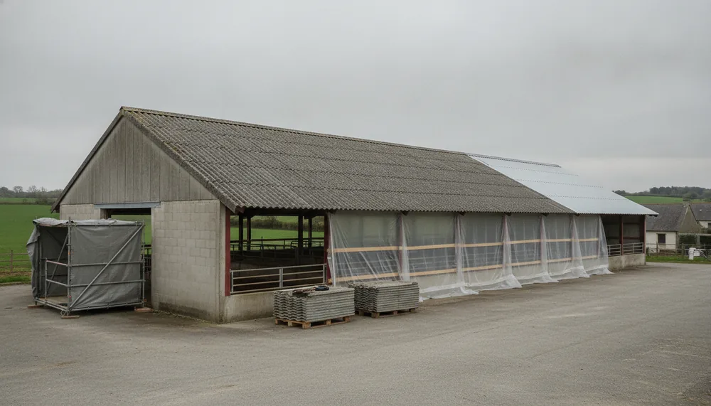 Bâtiment d'élevage de Plabennec dont la couverture en fibrociment est déposée par tranches, animaux maintenus sur place