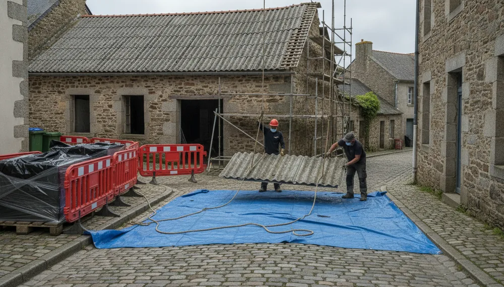 Plaques de fibrociment descendues à la corde depuis le toit d'un ancien atelier d'une rue étroite de Pont-l'Abbé