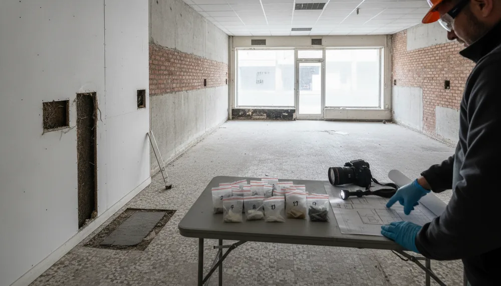 Prélèvement d'un échantillon de matériau pour analyse amiante dans un bâtiment ancien